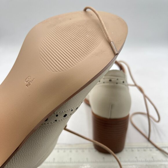 FOWT Beige Perforated Lace-Up Oxfords Almond Toe Mid Chunky Heel Brogues Shoes - Picture 6 of 8